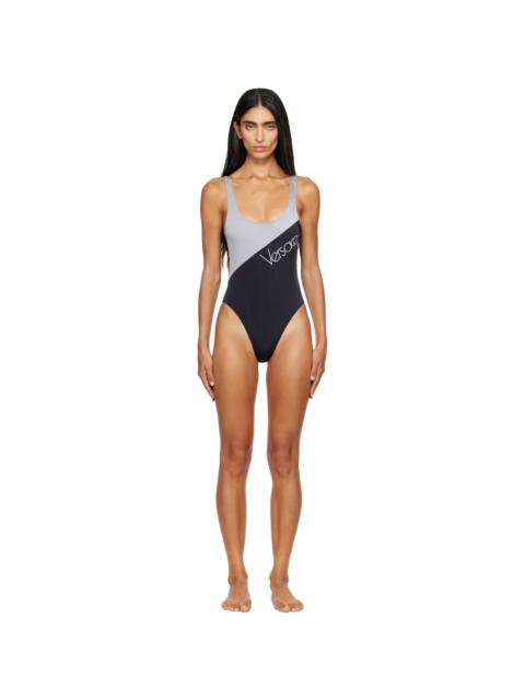 VERSACE Black & Gray Embroidered-Logo One-Piece Swimsuit