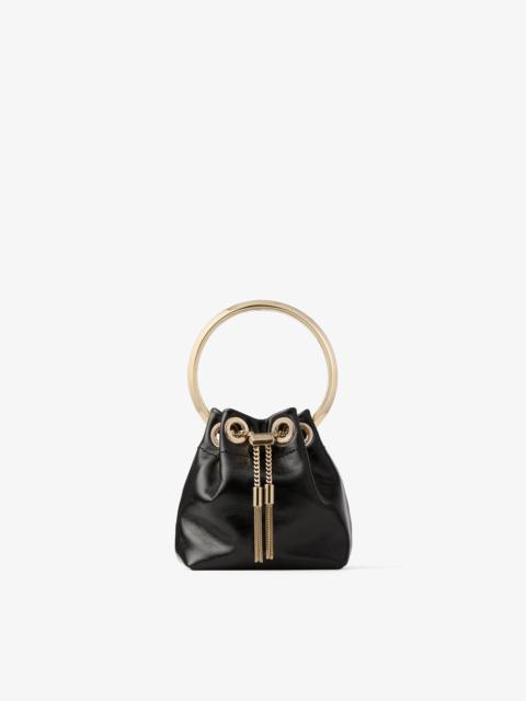 JIMMY CHOO Micro Bon Bon Black and Light Gold Shiny Biker Leather Mini Bucket Bag