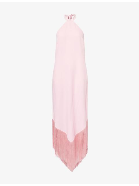 Taller Marmo Nina Fringed Halterneck Satin Maxi Dress