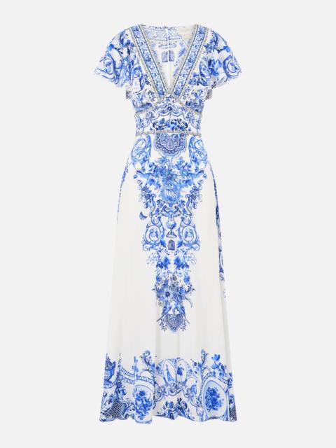 CAMILLA WAISTED MIDI DRESS WITH FLUTTER SLEEVE CERAMIC PANORAMIC