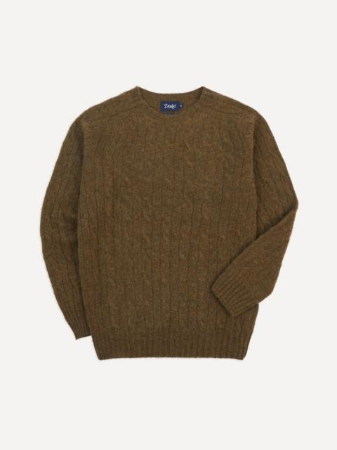 Drake's Olive Brushed Cable Knit Shetland Crew Neck Jumper