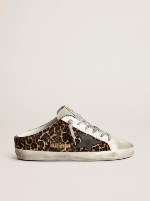 Super-Star Sabots in leopard-print pony skin with black leather star and ice-gray suede tongue