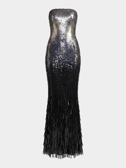 MAC DUGGAL Embellished Mesh Strapless Fringe Gown
