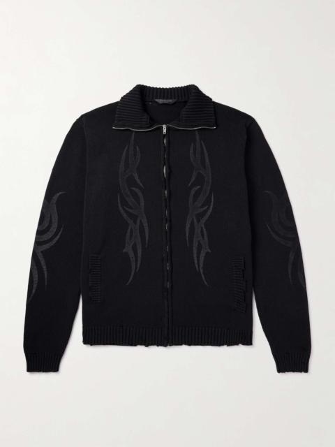 BALENCIAGA Oversized Distressed Printed Knitted Zip-Up Cardigan