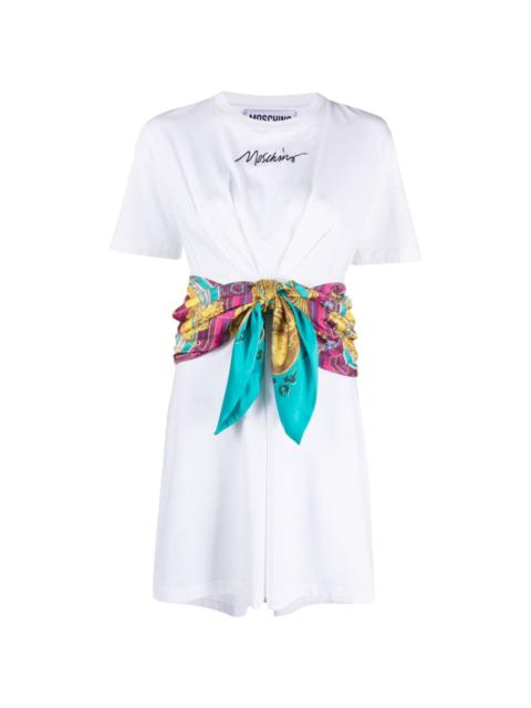 attached-scarf cotton T-shirt dress