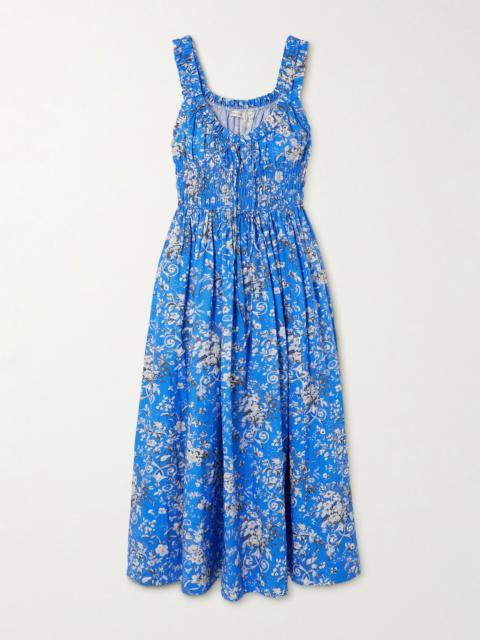 DÔEN Emmaretta shirred floral-print organic cotton-voile midi dress Blue