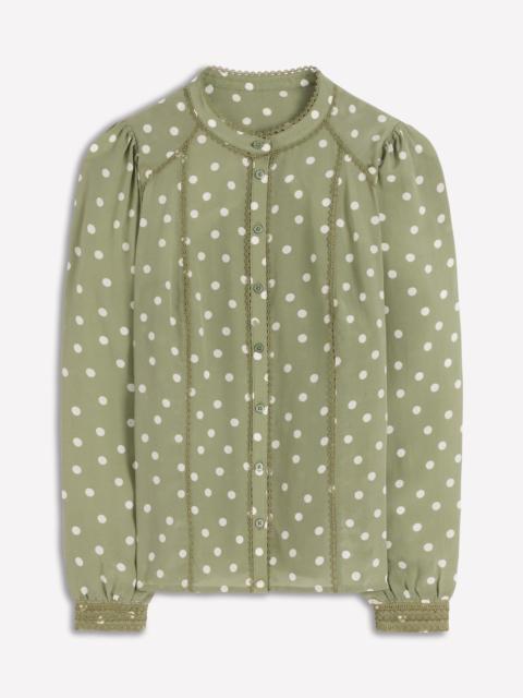 BODEN Rhea Trim Detail Silk Top-Larch Green, Painted Dot