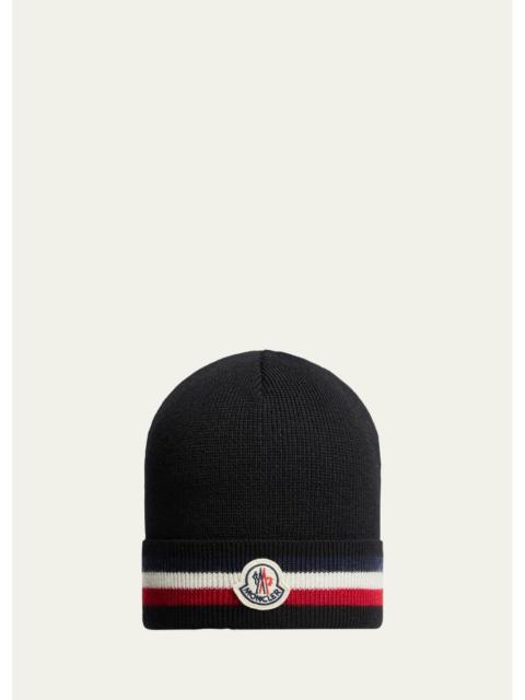 Moncler Men's Stripe Logo Emblem Wool-Knit Beanie Hat