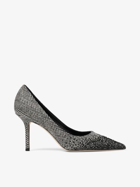 JIMMY CHOO Love 85 Grey and Black Mix Herringbone Fabric Pumps with Dégradé Crystal Embellishment