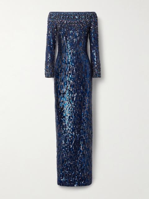 JENNY PACKHAM Off-the-shoulder Crystal And Sequin-embellished Tulle Gown