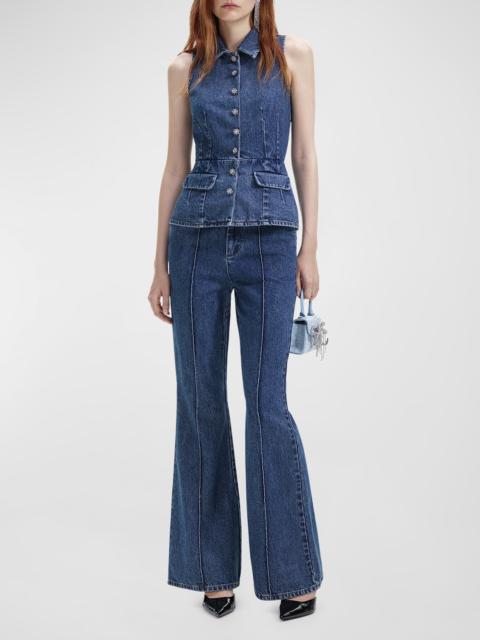 self-portrait Sleeveless Flared Denim Jumpsuit