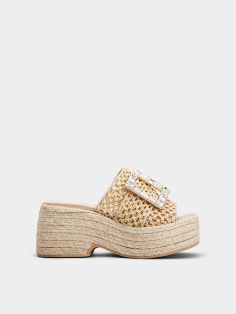 Rhinestone Buckle Espadrille Platform Mules in Raffia