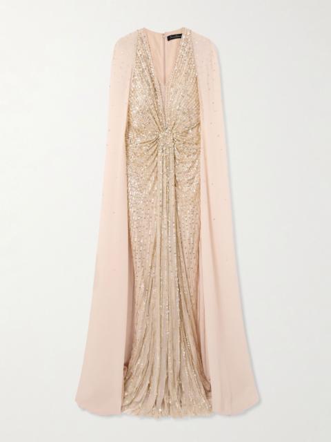JENNY PACKHAM Zenith cape-effect embellished sequined chiffon gown Gold