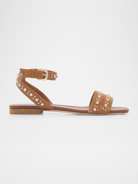 Stuart Weitzman Perry Embellished Mixed Leather Flat Sandals