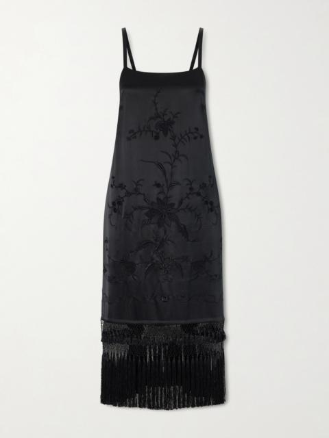 BODE Fringed Embroidered Silk-satin Midi Dress