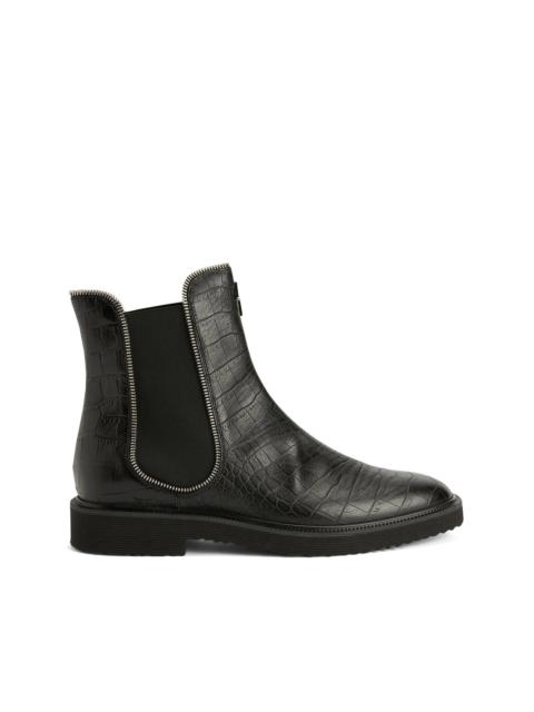 crocodile-effect leather ankle boots