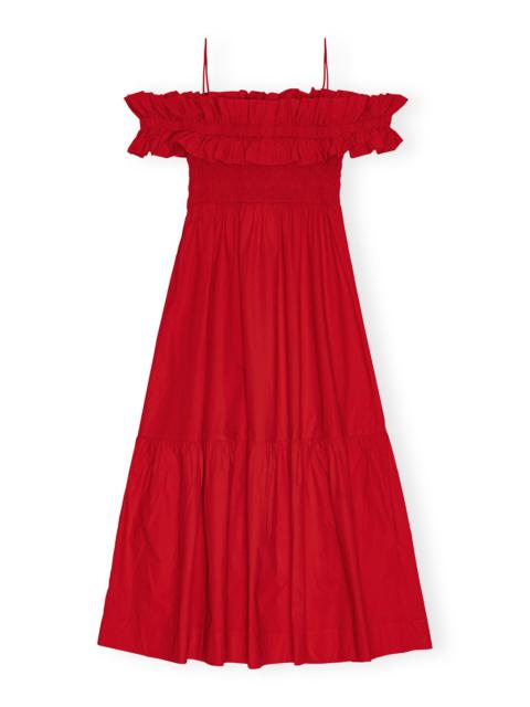 RED COTTON POPLIN LONG SMOCK DRESS