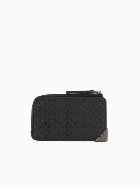 EMPORIO ARMANI Leather zipped card holder with all-over embossed pattern