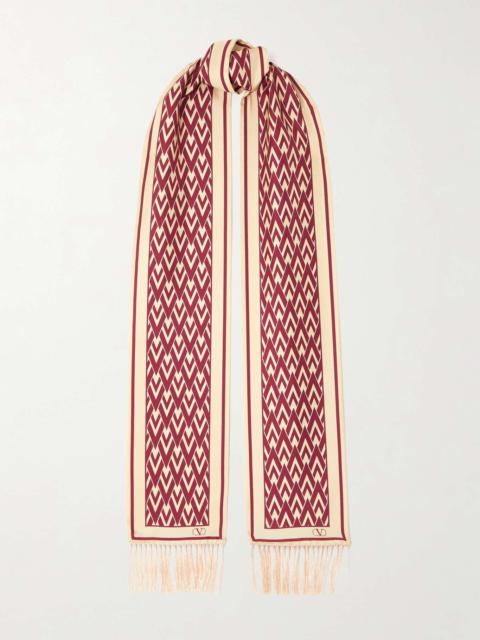 Valentino Toute La V fringed printed silk-twill scarf Red