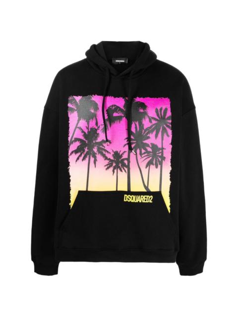 palm-tree print cotton hoodie