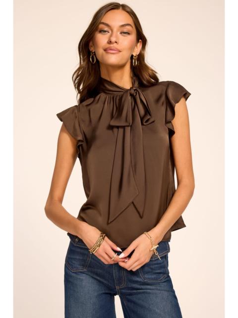 RAMY BROOK Balinda Tie Neck Short Sleeve Blouse Designer Luxury Heritage Brown