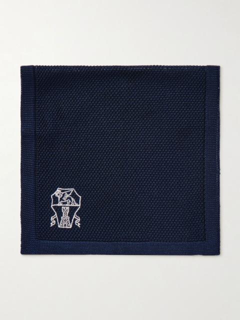 Brunello Cucinelli Logo-Embroidered Knitted Silk Pocket Square Blue