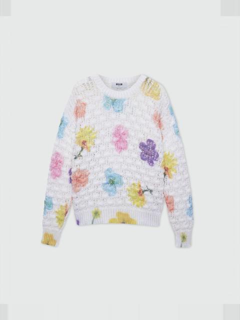 MSGM White crochet sweater with maxi floral print