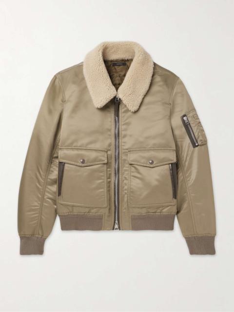 Shearling and Leather-Trimmed Padded Shell Bomber Jacket