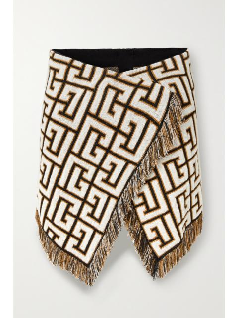 Balmain Wrap-effect Fringed Jacquard-knit Mini Skirt