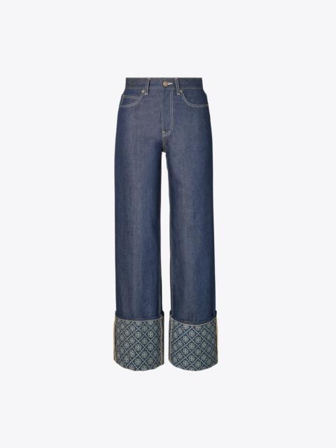 TORY BURCH T Monogram Contrast Cuff Straight Leg Jean