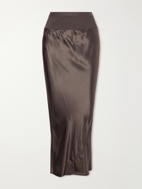 Rick Owens Ribbed jersey and recycled-satin midi skirt Brown