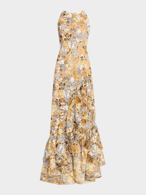 BRONX BANCO Sicilia Sleeveless Floral-Print Ruffle Gown