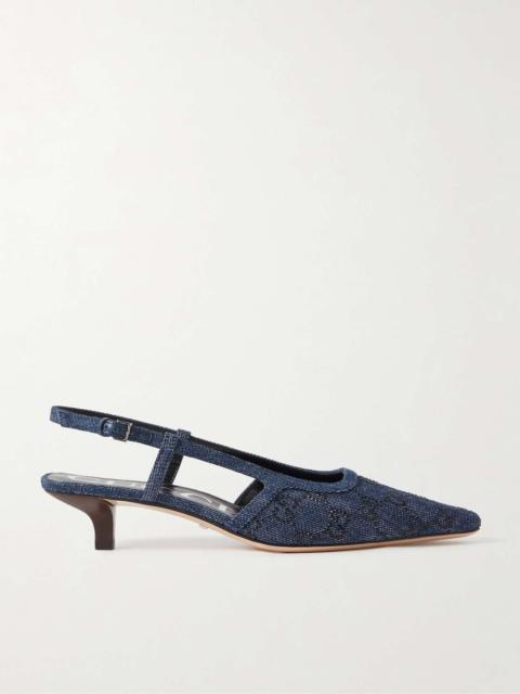 Demi crystal-embellished denim slingback pumps