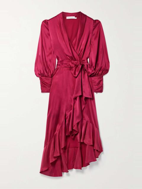 Asymmetric ruffled silk-satin midi wrap dress