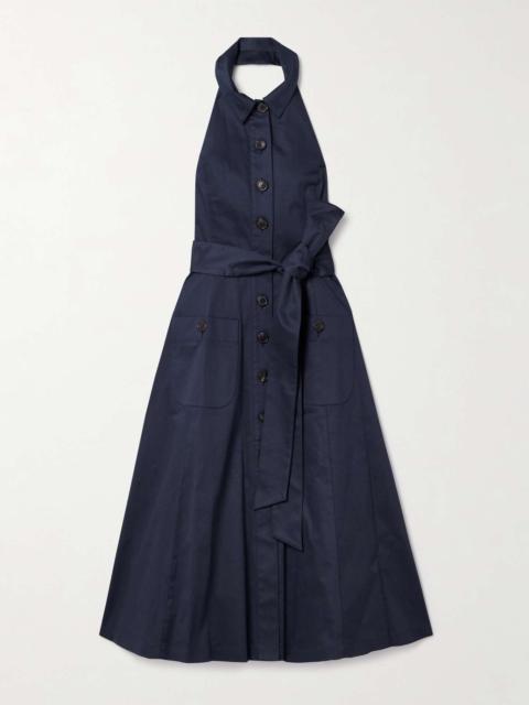 CAROLINA HERRERA Belted cotton-blend sateen halterneck midi shirt dress Navy