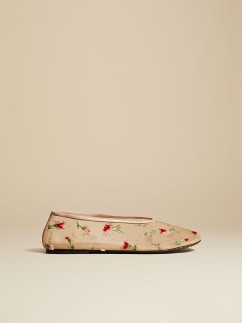 KHAITE The Marcy Flat in Beige with Floral Embroidery