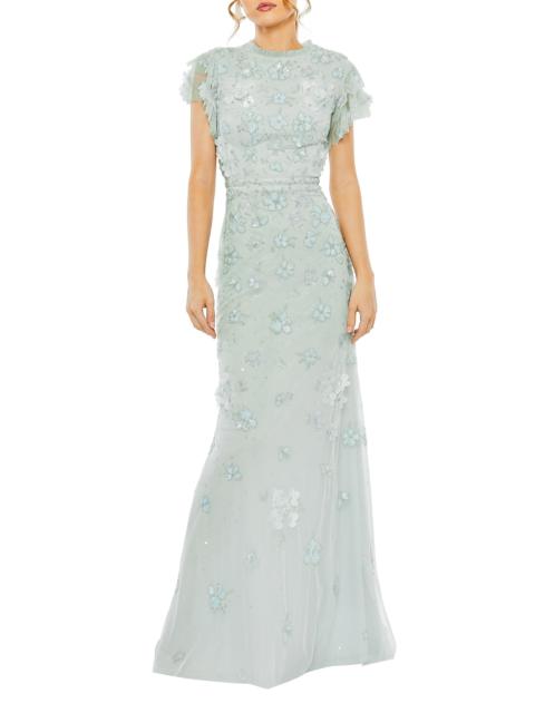 MAC DUGGAL Women's High Neck Flutter-Sleeve Floral Embellished Gown - Periwinkle