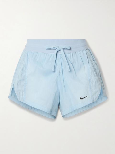 Nike Running Division pinstriped paneled crinkled-shell shorts Light blue
