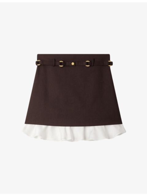 Sandro Belted Frill-Hem Stretch Wool-Blend Mini Skirt
