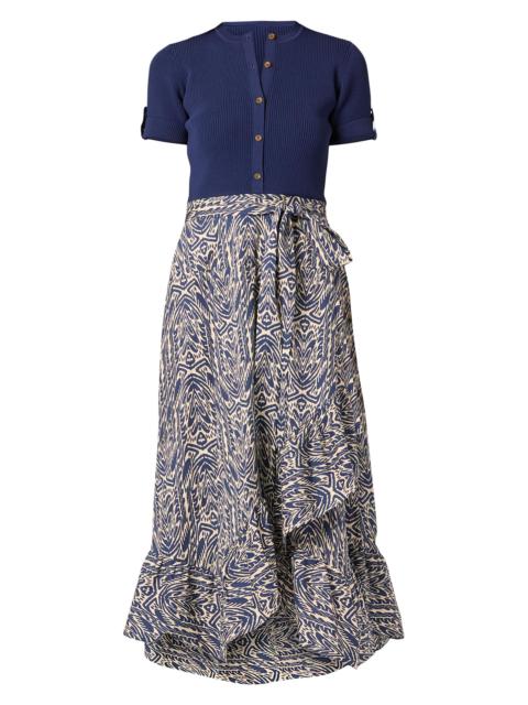 Shoshanna Women's Rayna Mixed-Media Ruffled-Skirt Midi-Dress - Navy Ivory