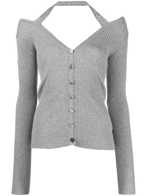 halterneck ribbed-knit cardigan