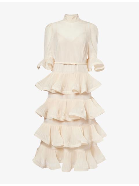 Zimmermann Pleated Tiered Woven Midi Dress