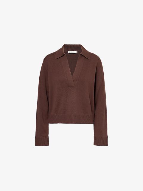 Polo collar long-sleeve cotton and cashmere top