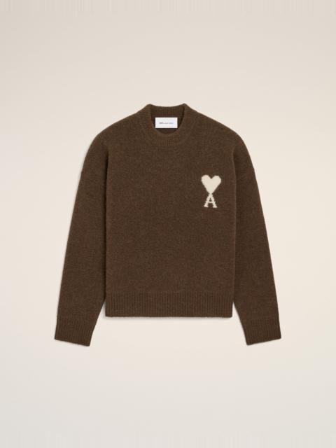 AMI Paris BROWN CREWNECK ALPACA SWEATER WITH AMI DE COEUR