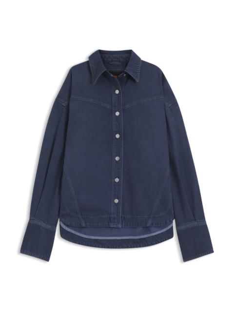 BOSS SMOKY-BLUE OVERSIZED-FIT BLOUSE IN RIGID DENIM