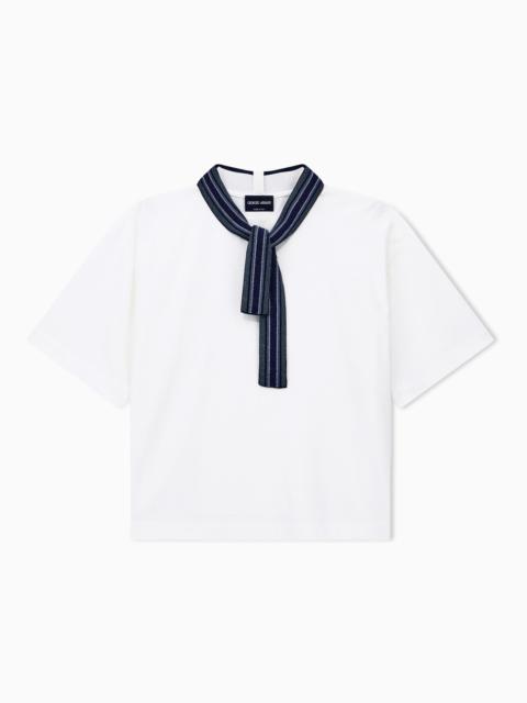 GIORGIO ARMANI T-SHIRT IN COTTON JERSEY WITH AN EMBROIDERED STRIPED TIE