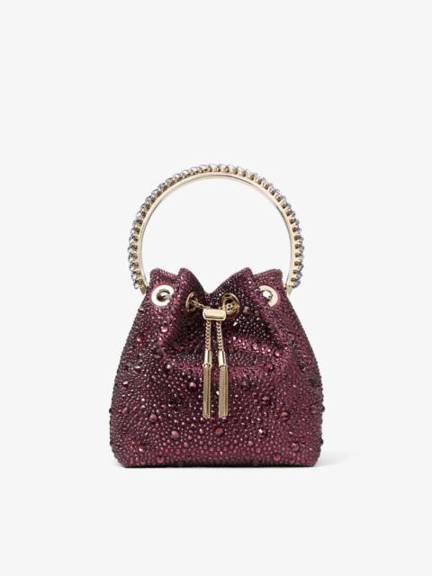 JIMMY CHOO Bon Bon Deep Merlot Satin and Crystal Hotfix Bucket Bag with Crystal Handle