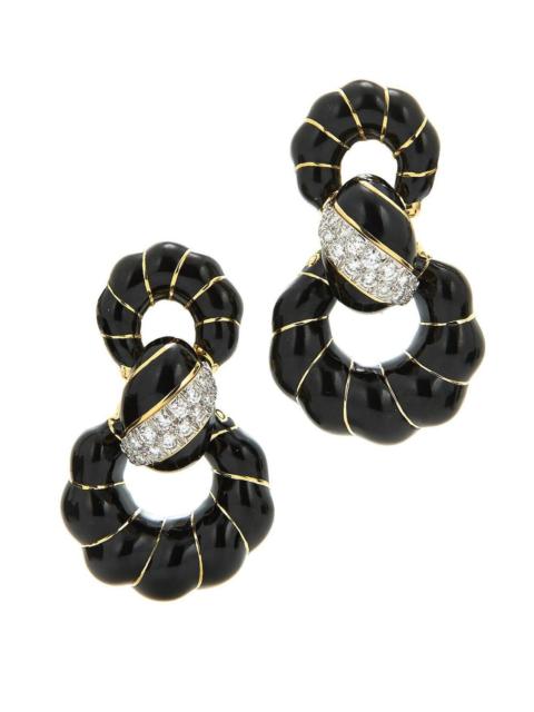 DAVID WEBB Diamond Fancy Enamel Hoop Earrings