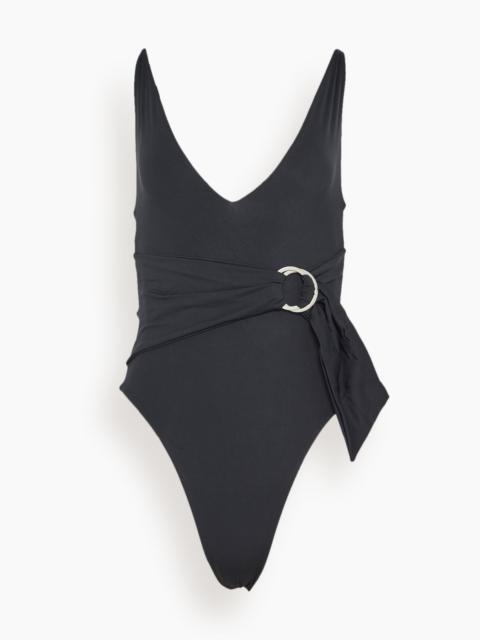 SIMKHAI Niya Deep V Tie Waist One Piece Swimsuit in Black