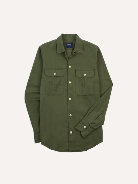 Drake's Olive Brushed Cotton Twill Two-Pocket Camp Collar Work Shirt